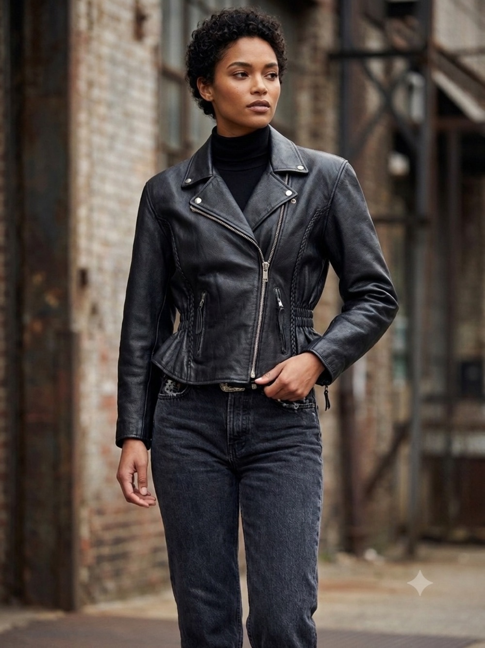 Vintage L.T.C. Braided Black Leather Moto Jacket - Peplum Hourglass Biker -Sz XL